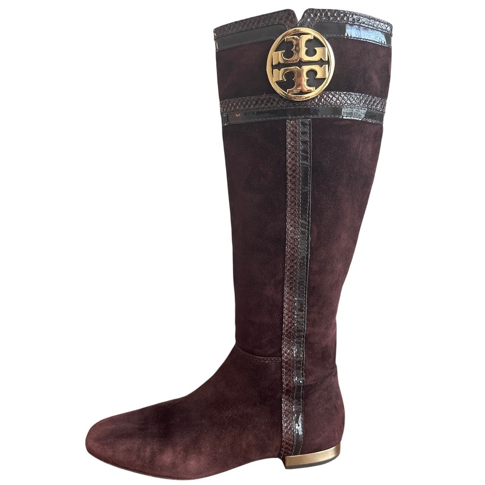 Tory Burch Brown Suede Riding Boots Snakeskin Gold Logo Knee High Sz 8